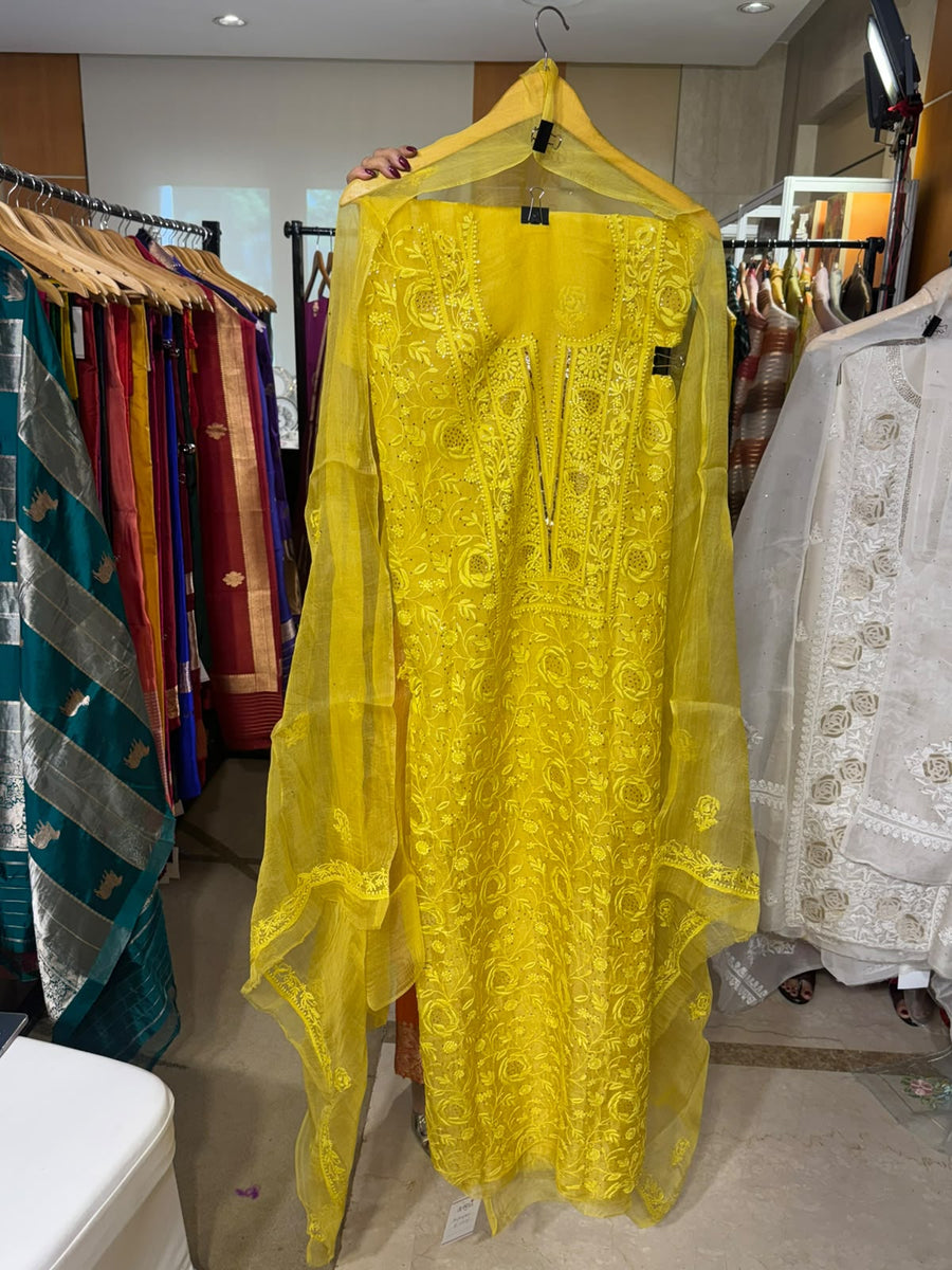 Yellow Organza Chikankari with Floral Jaal
