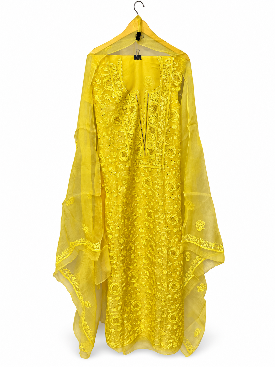 Yellow Organza Chikankari with Floral Jaal by Aurunii, product AU-AZ-005 on a white background