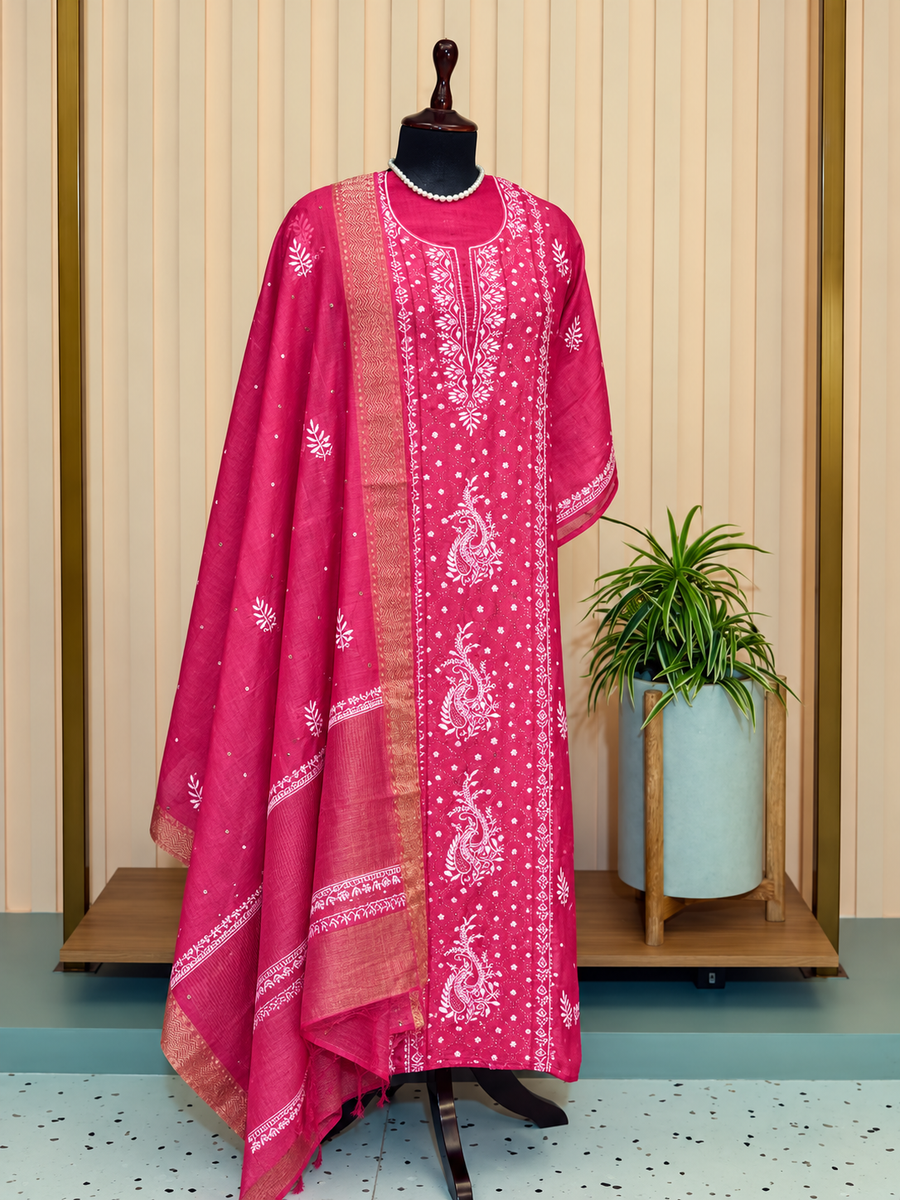 Rani Pink Munga Silk Chikankari