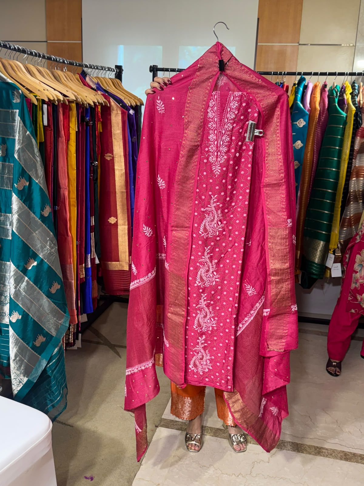 Rani Pink Munga Silk Chikankari by Aurunii, product AU-AZ-007 original product photograph