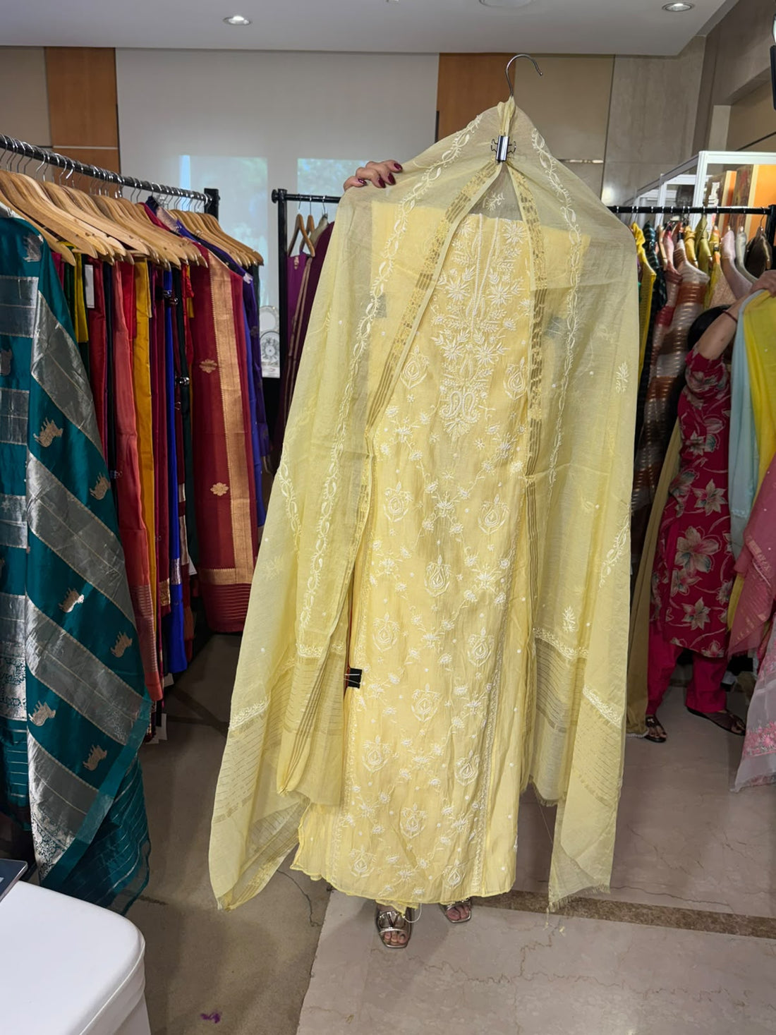 Yellow Chikankari with Floral Embroidery by Aurunii, product AU-AZ-008 original product photograph