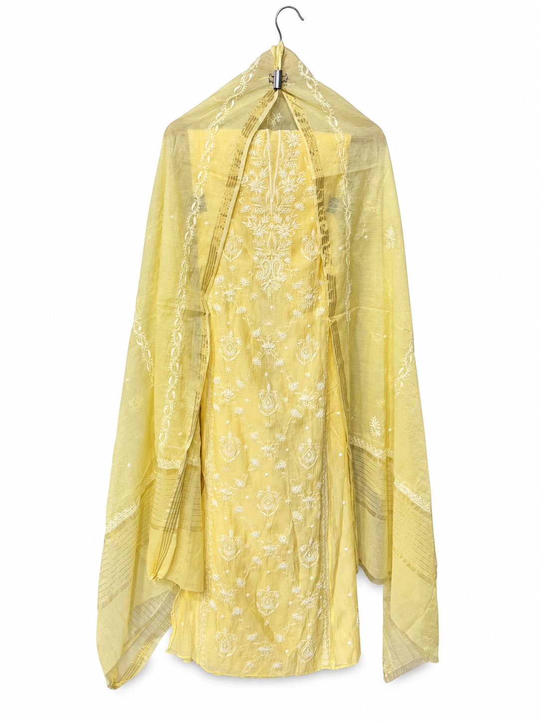 Yellow Chikankari with Floral Embroidery by Aurunii, product AU-AZ-008 on a white background