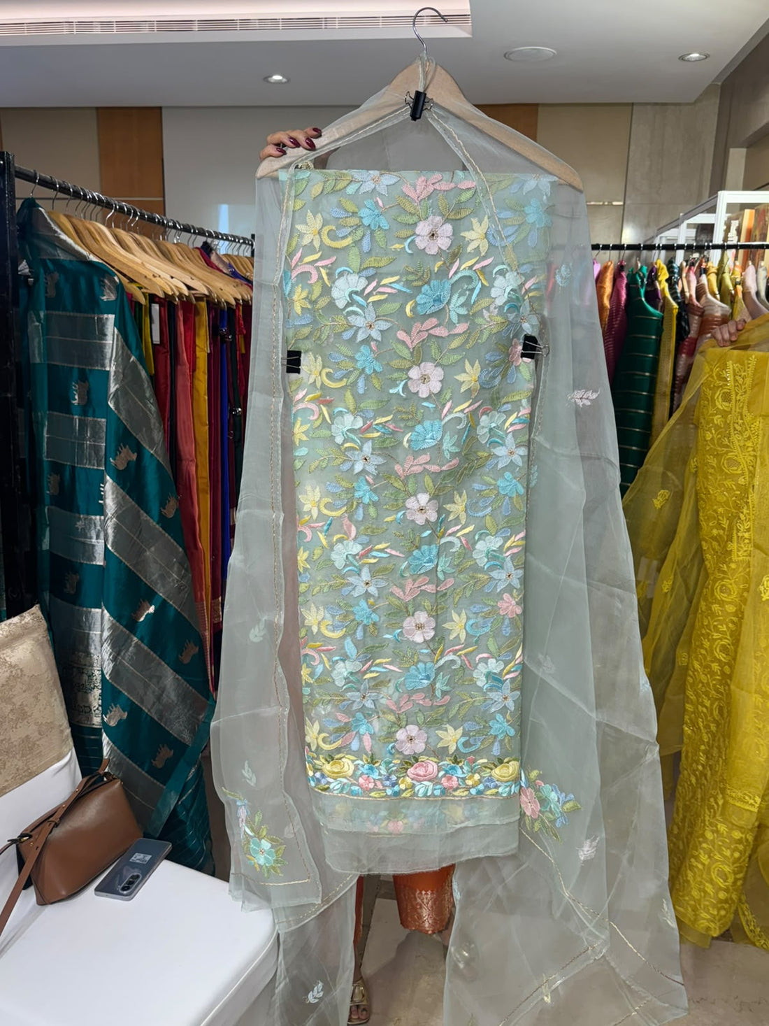 Green Organza Chikankari with Parsi Work by Aurunii, product AU-CC-001 original product photograph