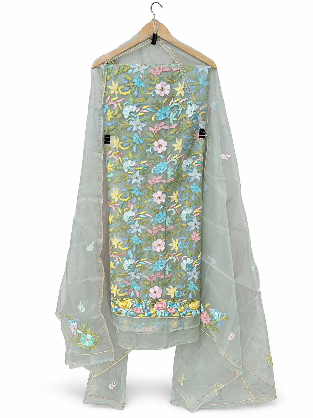 Green Organza Chikankari with Parsi Work by Aurunii, product AU-CC-001 on a white background