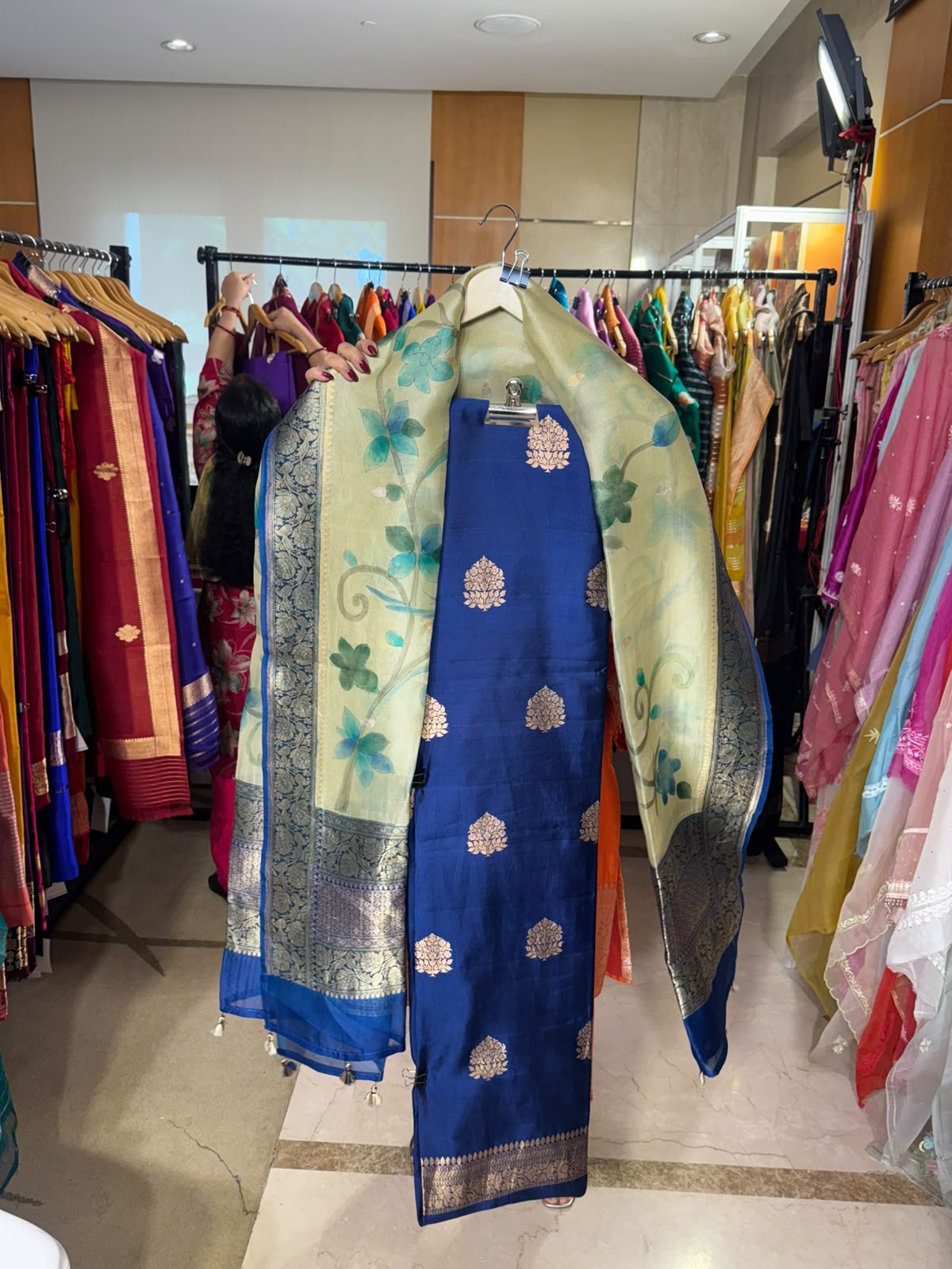 Blue Silk Suit with Hand-Painted Dupatta by Aurunii, product AU-CW-003 original product photograph