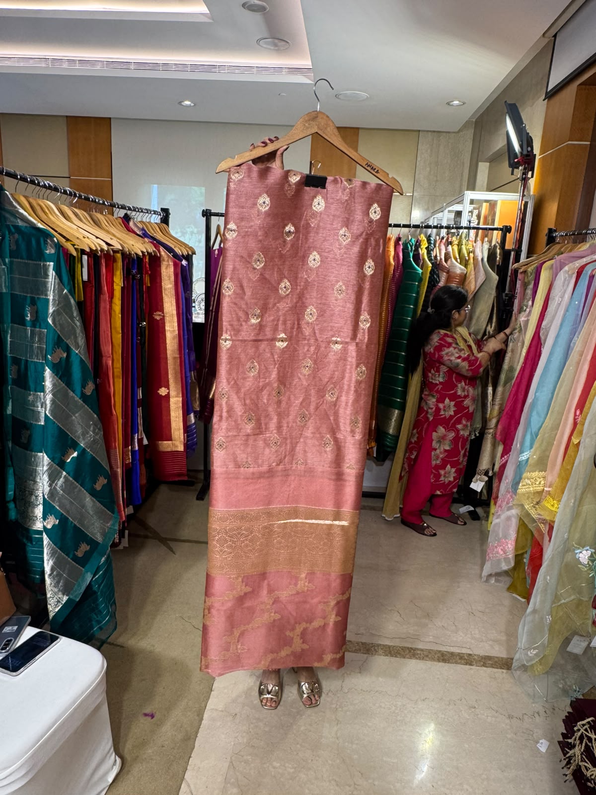 Peach Pink Linen Suit with Organza Jaal Dupatta by Aurunii, product AU-FR-007 original product photograph