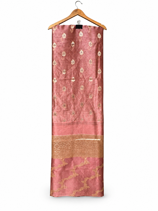 Peach Pink Linen Suit with Organza Jaal Dupatta
