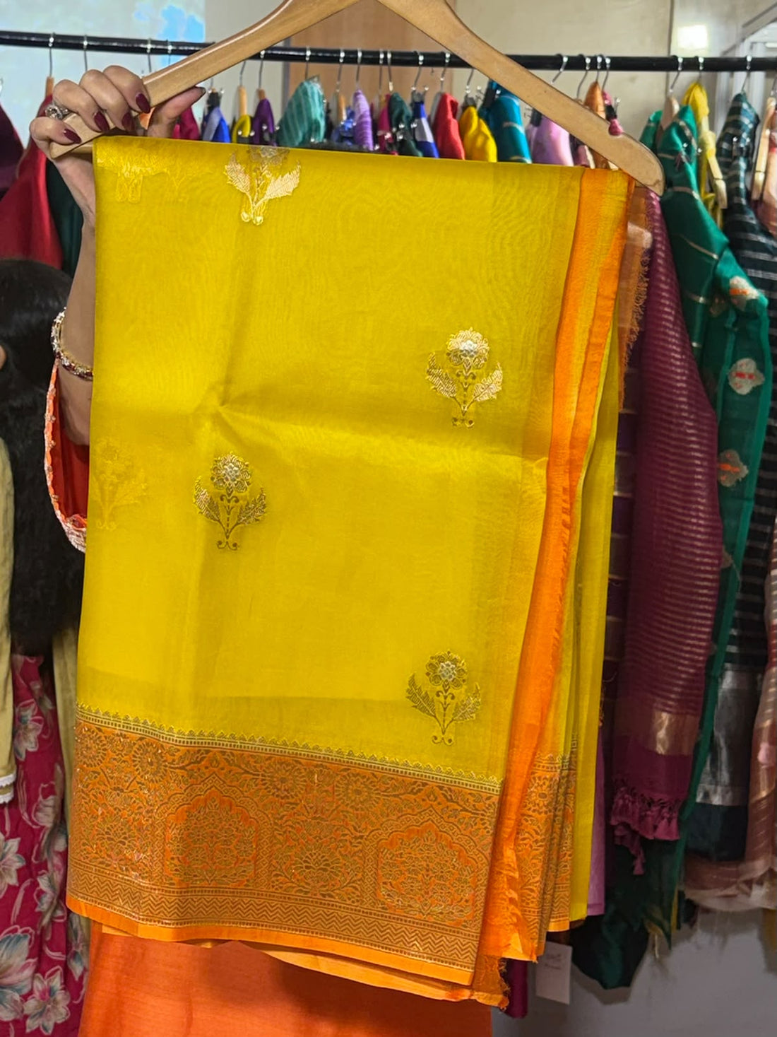 Yellow and Orange Kora Organza Saree by Aurunii, product AU-FR-017 original product photograph