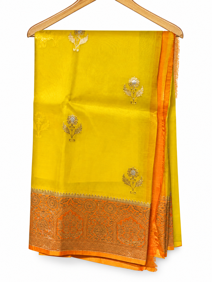 Yellow and Orange Kora Organza Saree
