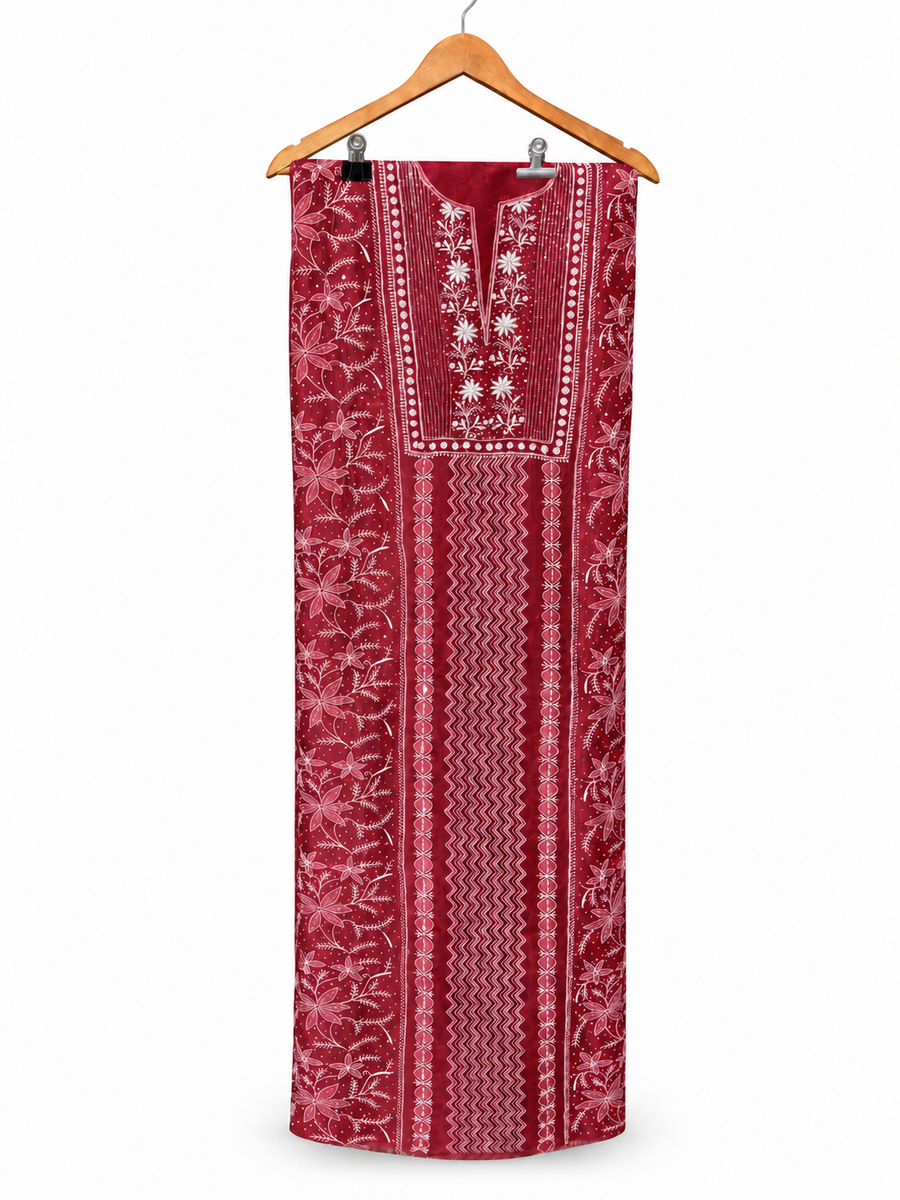 Maroon Organza Full-Jaal Chikankari by Aurunii, product AU-GC-001 on a white background