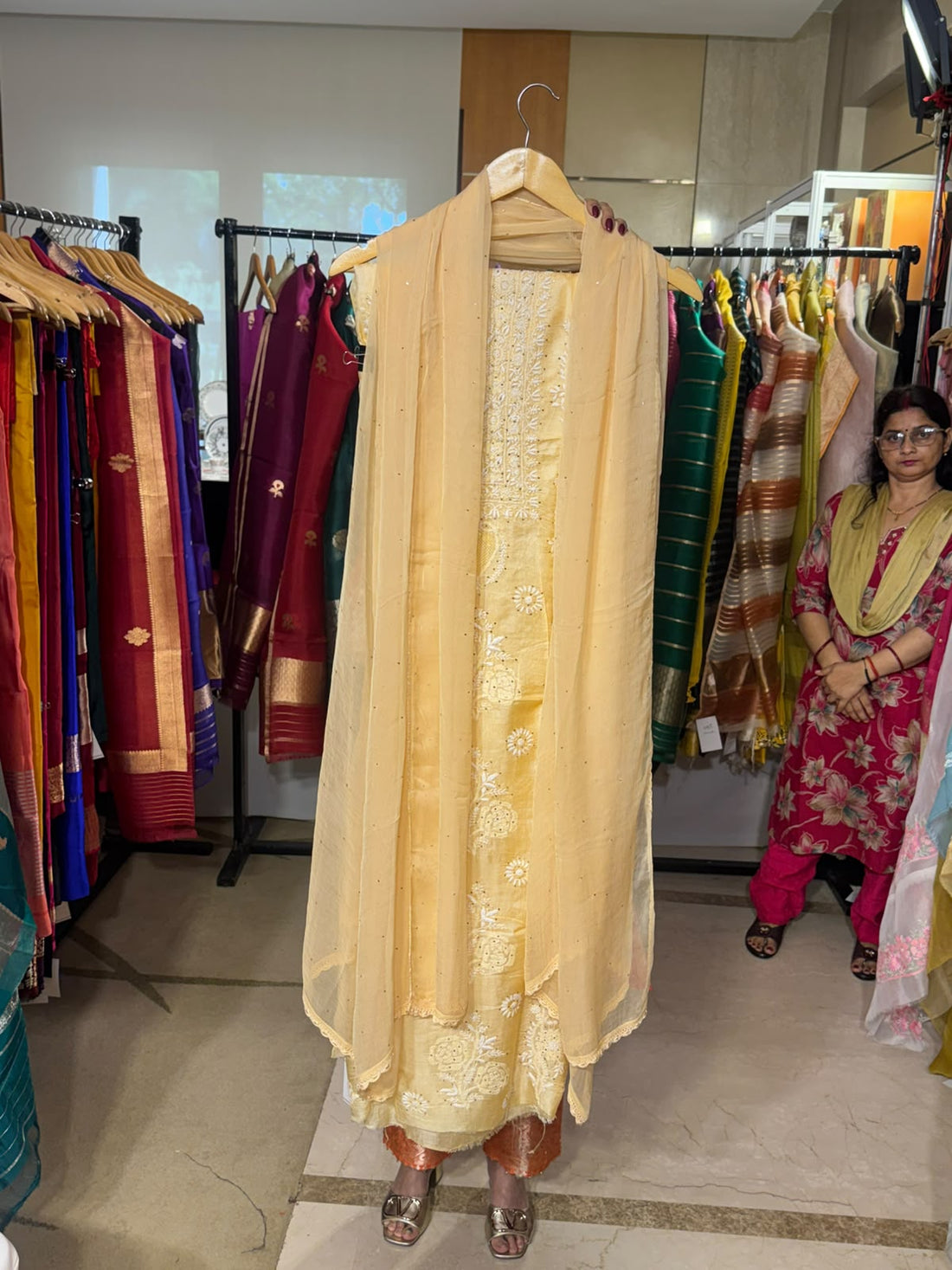 Peach Tussar Silk Chikankari with Chiffon Dupatta by Aurunii, product AU-GC-003 original product photograph