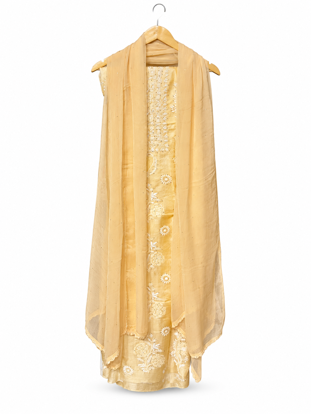 Peach Tussar Silk Chikankari with Chiffon Dupatta by Aurunii, product AU-GC-003 on a white background