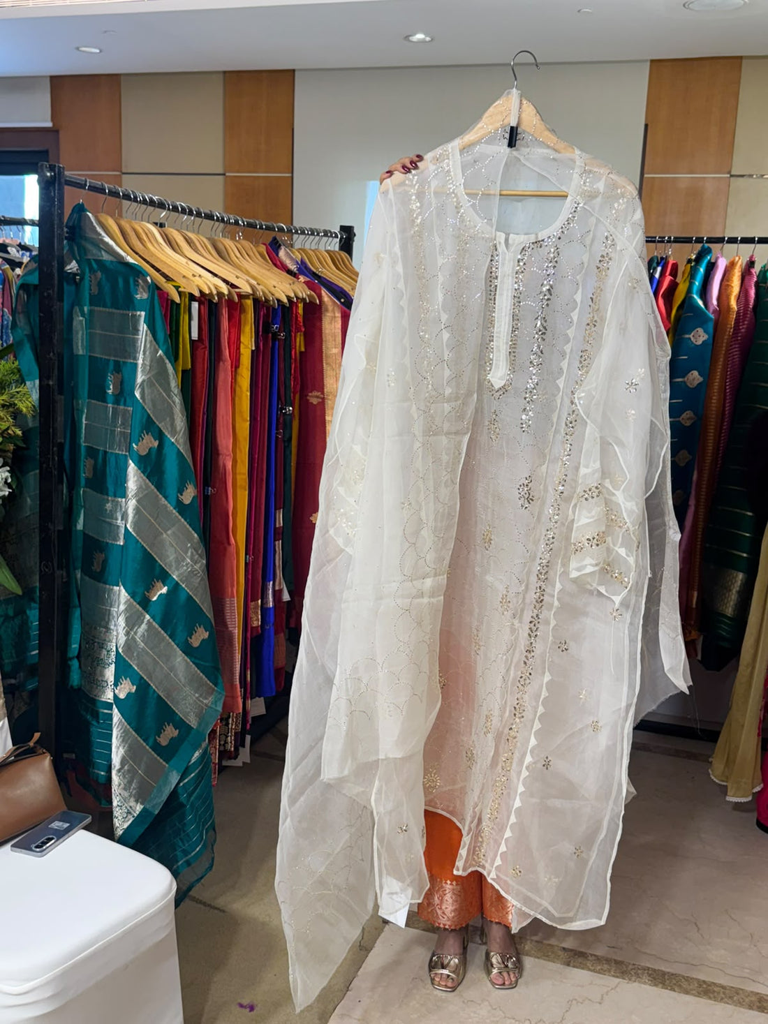 Cream Organza with Mukaish and Chikankari by Aurunii, product AU-NC-005 original product photograph