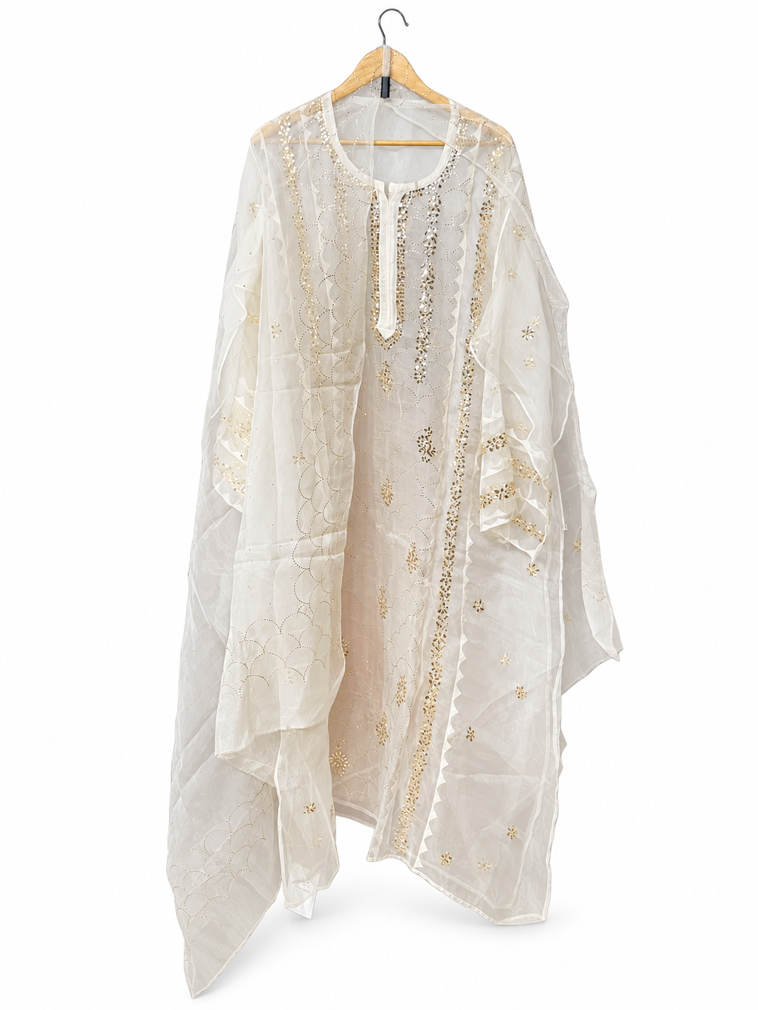 Cream Organza with Mukaish and Chikankari by Aurunii, product AU-NC-005 on a white background
