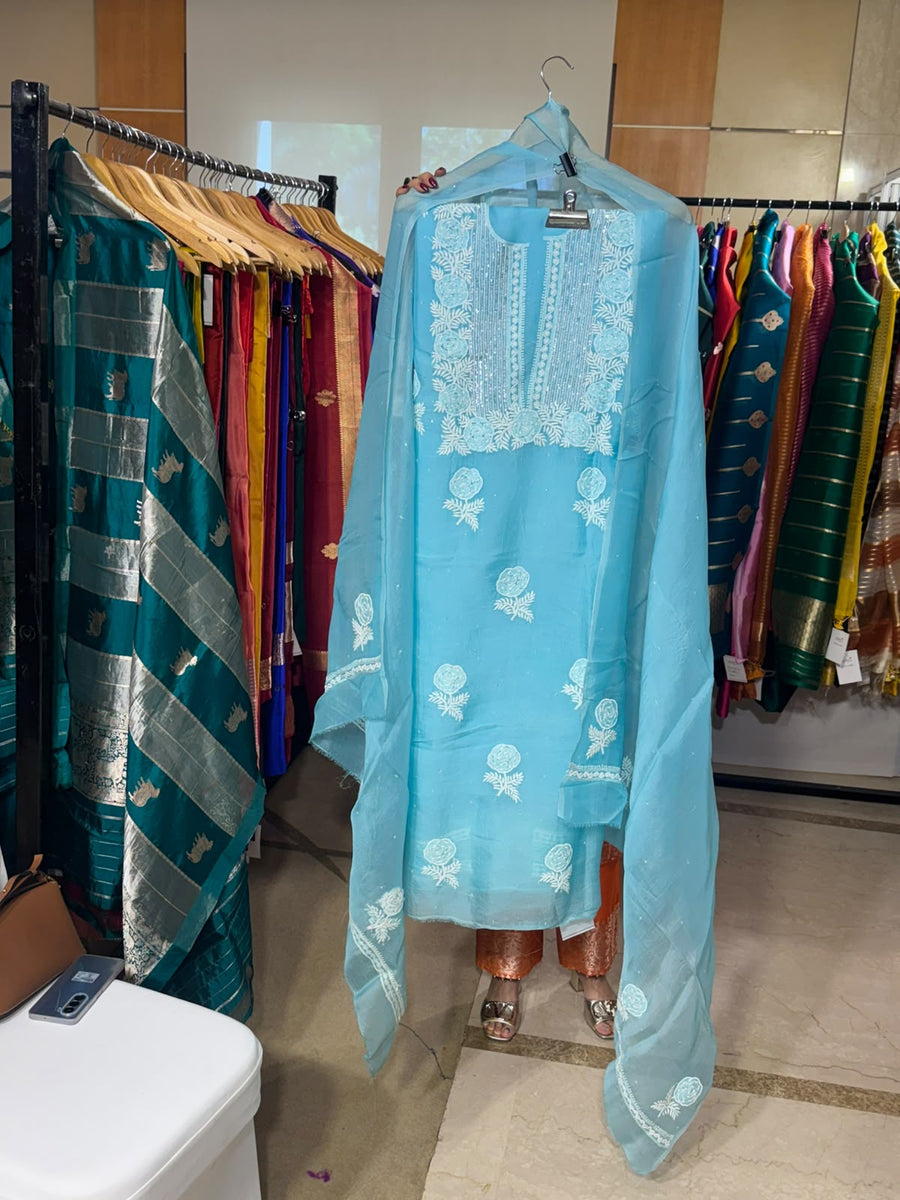 Turquoise Organza Chikankari