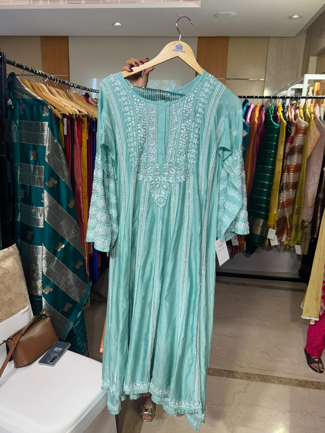 Aqua Green Chanderi Anarkali Chikankari with Striped Dupatta by Aurunii, product AU-RM-001 original product photograph