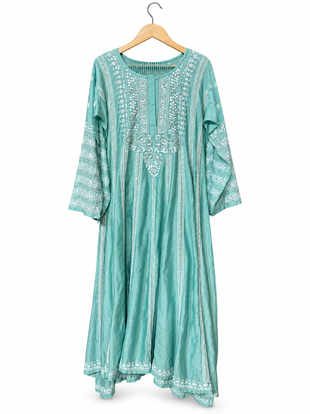 Aqua Green Chanderi Anarkali Chikankari with Striped Dupatta by Aurunii, product AU-RM-001 on a white background