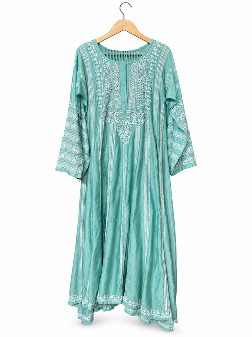 Aqua Green Chanderi Anarkali Chikankari with Striped Dupatta by Aurunii, product AU-RM-001 on a white background