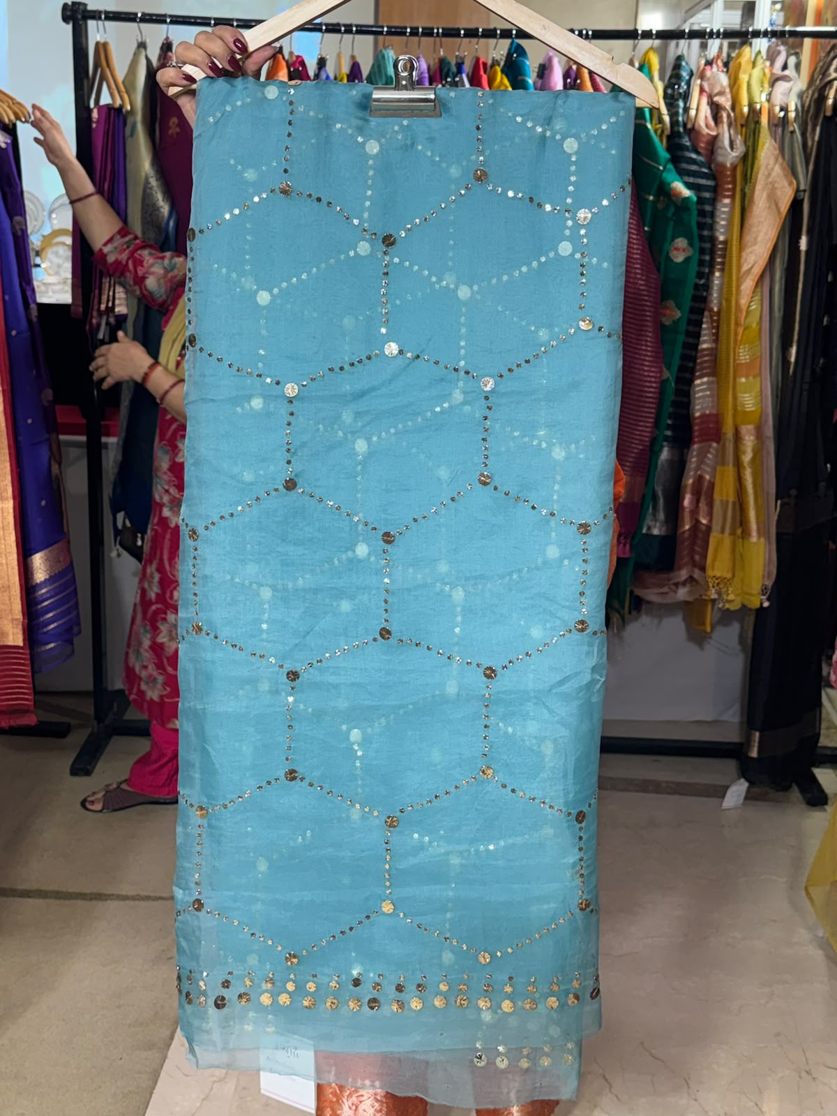 Teal Blue Organza Pittan Saree by Aurunii, product AU-RM-002 original product photograph
