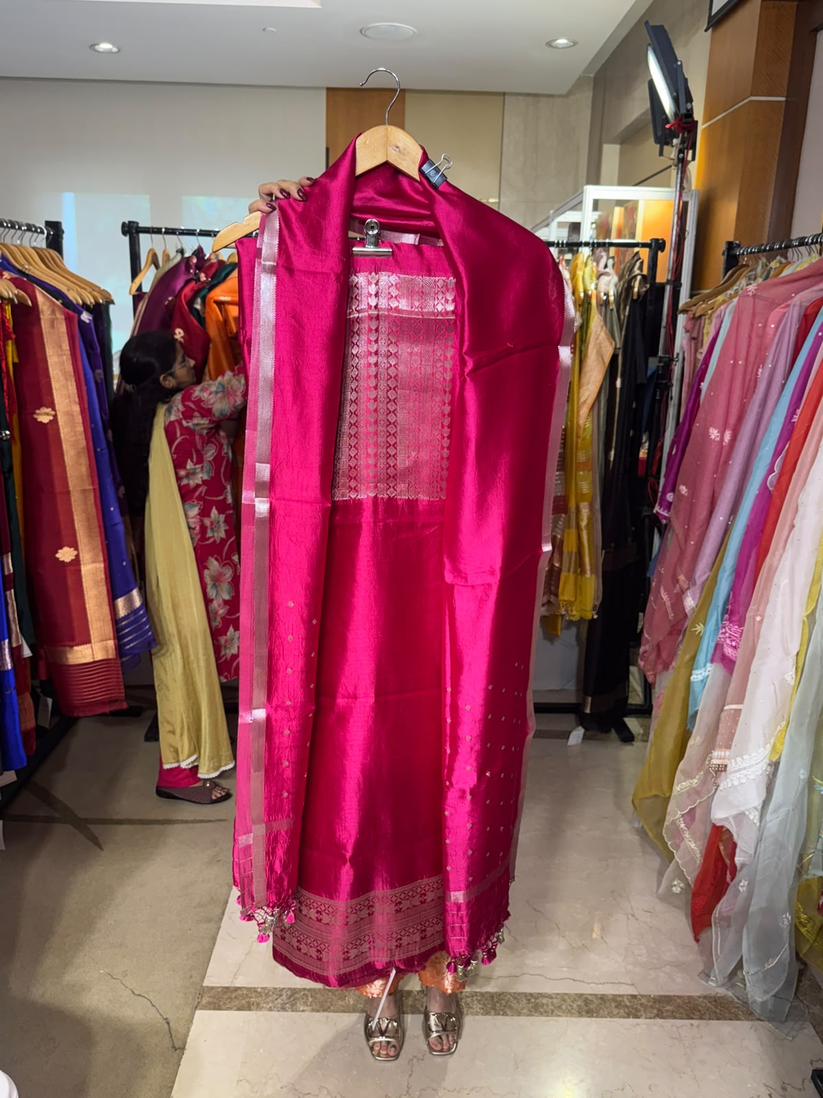 Magenta Silk with Silver Zari Polka Dupatta by Aurunii, product AU-SE-016 original product photograph