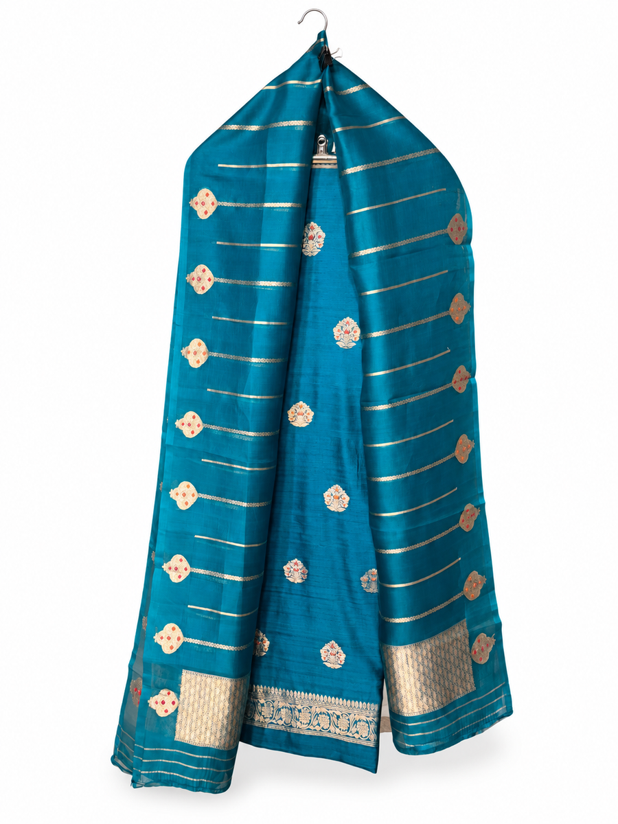 Teal Green with Striped Organza Dupatta