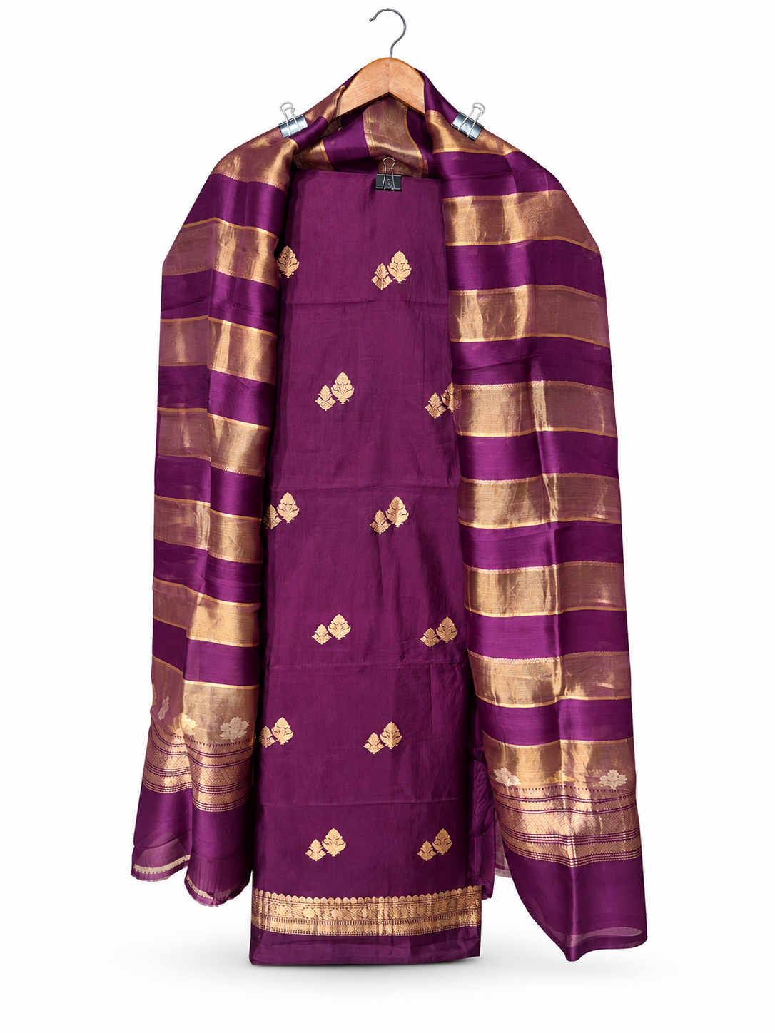 Wine Silk Booti Suit with Striped Tissue Dupatta by Aurunii, product AU-SE-019 on a white background