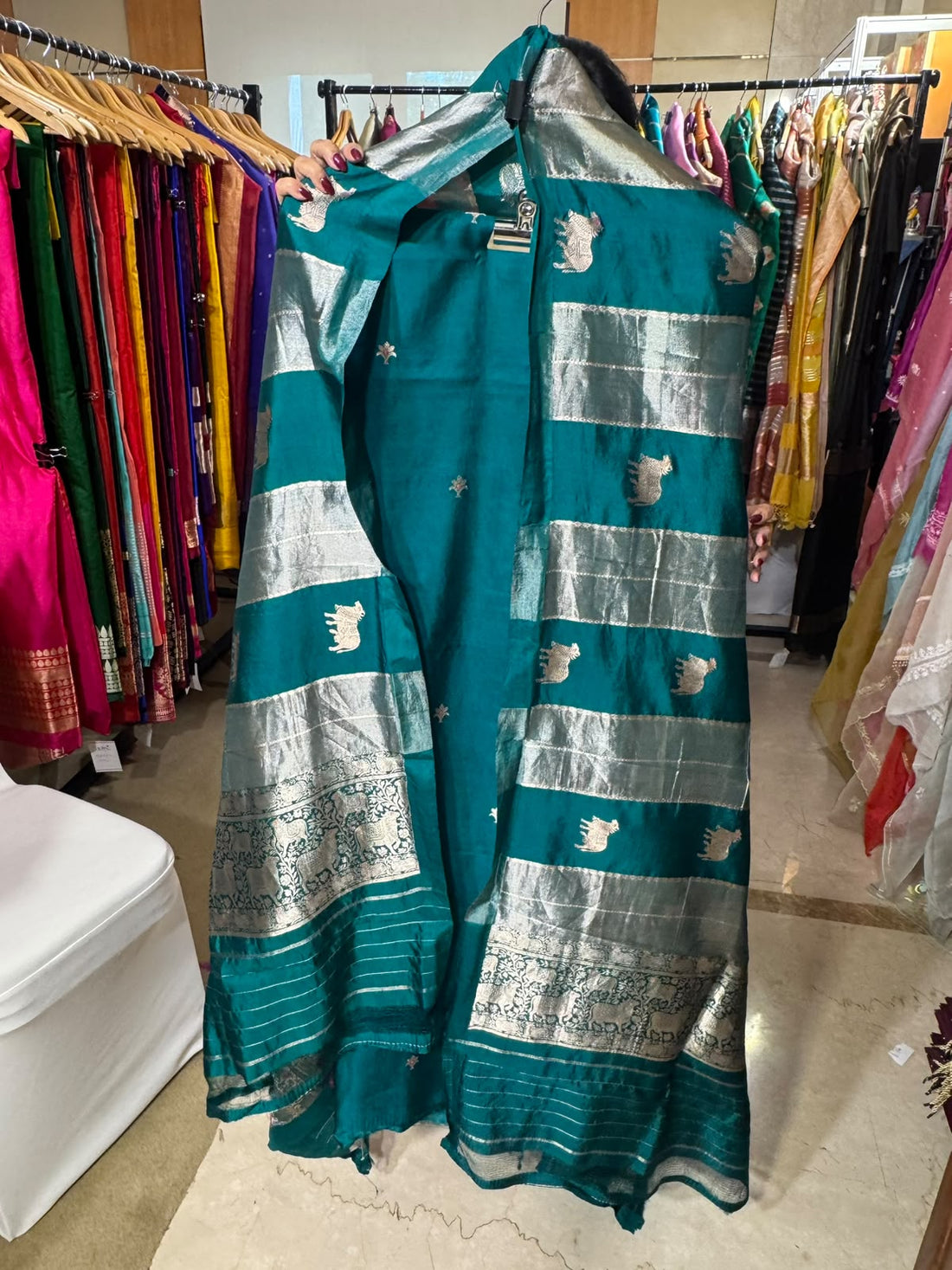 Teal Green Banarasi Suit with Cow-Motif Tissue Dupatta by Aurunii, product AU-SE-020 original product photograph