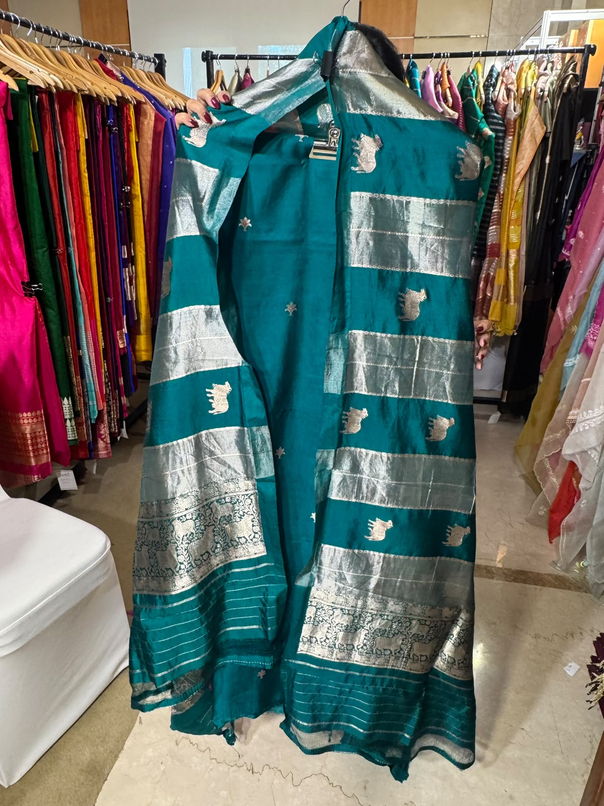 Teal Green Banarasi Suit with Cow-Motif Tissue Dupatta by Aurunii, product AU-SE-020 original product photograph