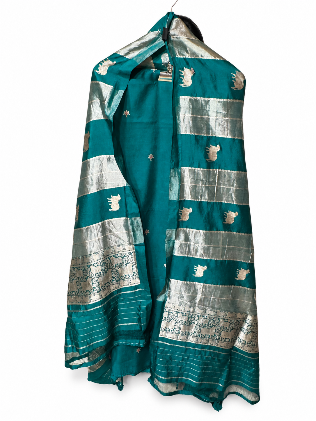 Teal Green Banarasi Suit with Cow-Motif Tissue Dupatta by Aurunii, product AU-SE-020 on a white background