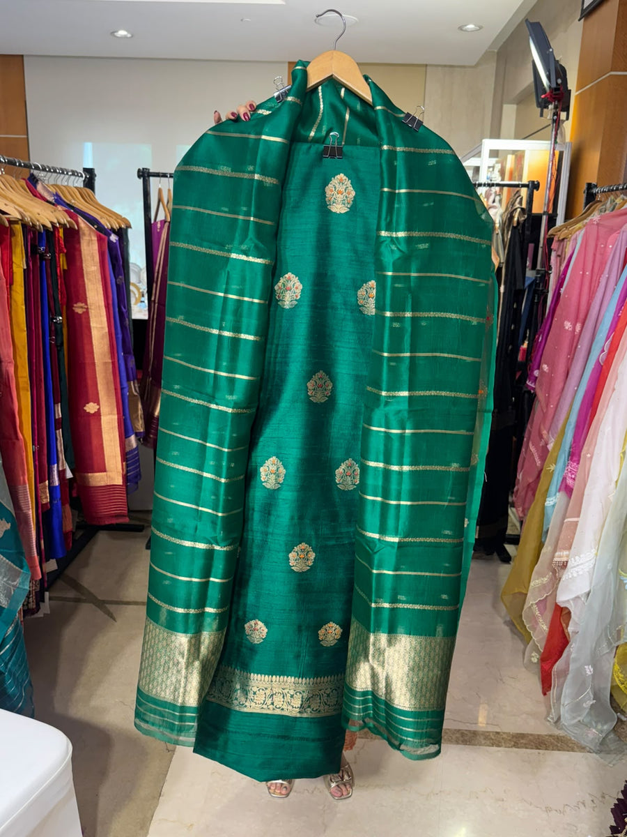 Green Raw Silk with Booti Motifs and Striped Dupatta