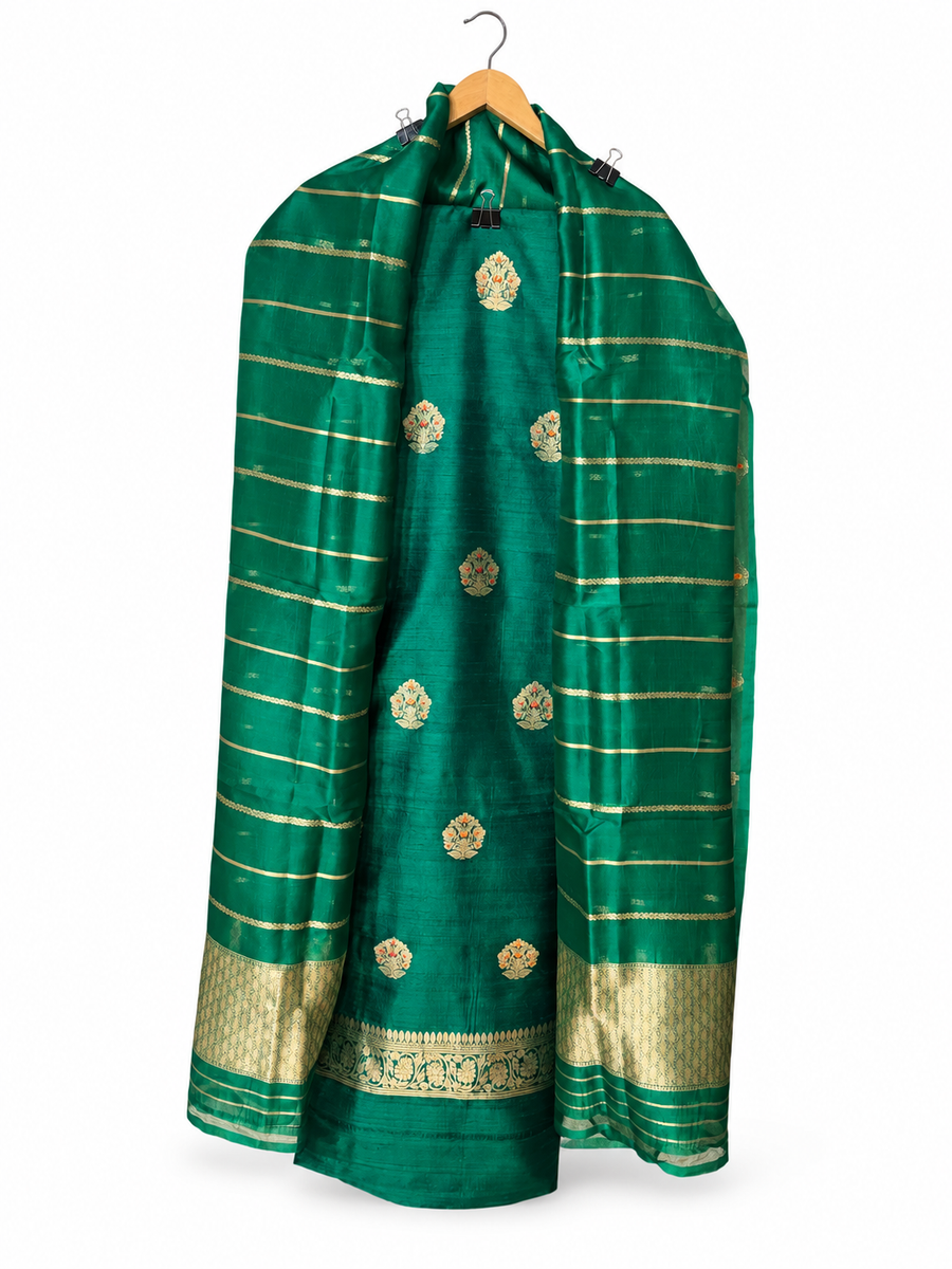 Green Raw Silk with Booti Motifs and Striped Dupatta