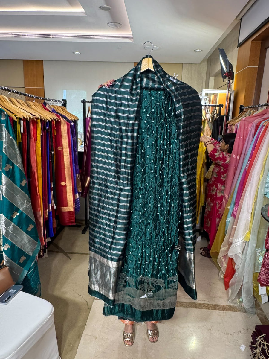 Green Bandhej with Striped Dupatta