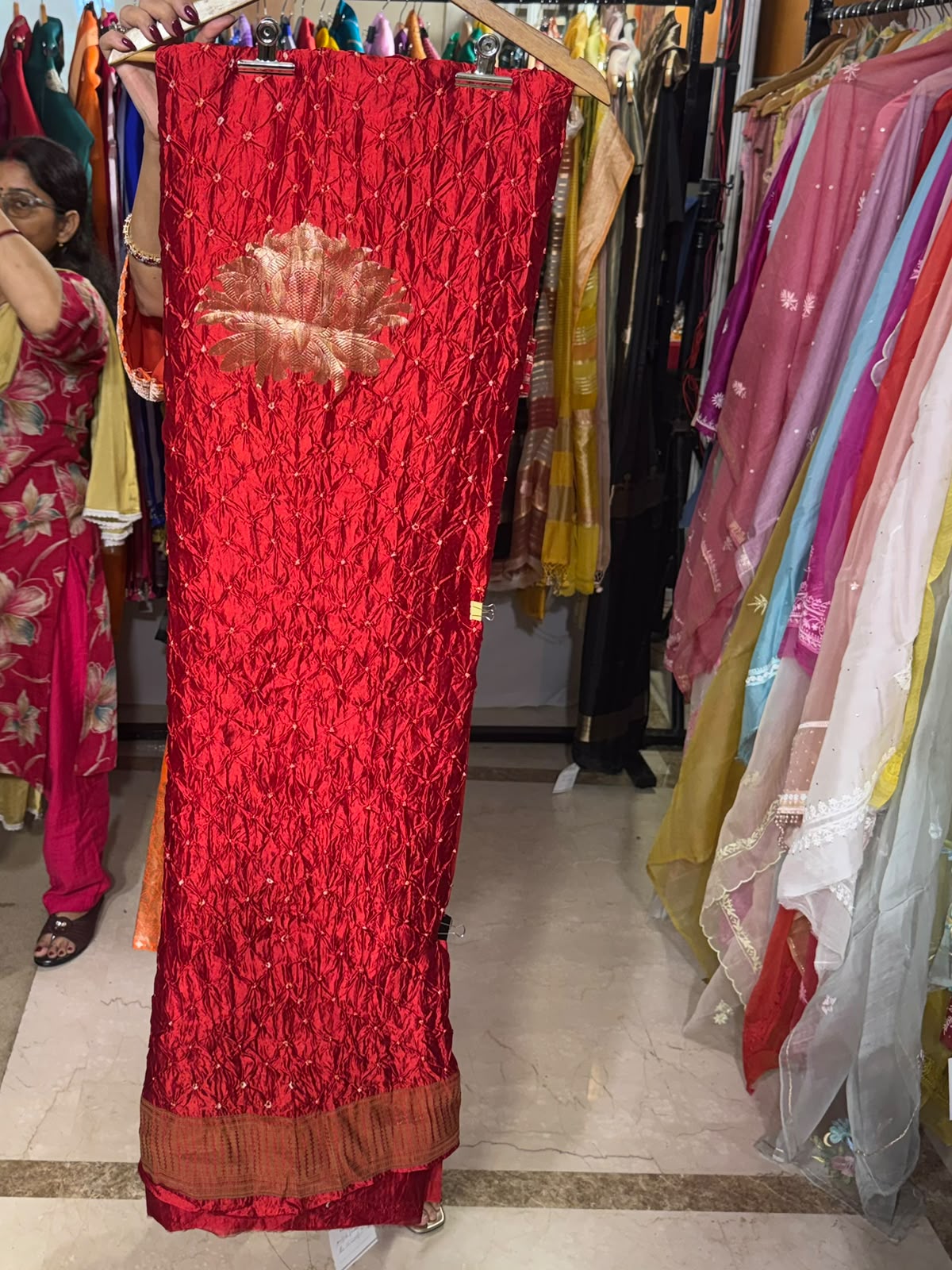 Red Bandhej Suit with Striped Dupatta by Aurunii, product AU-SE-023 original product photograph