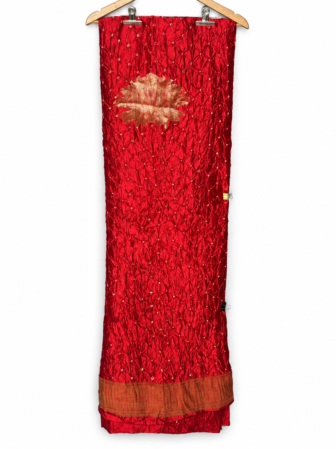 Red Bandhej Suit with Striped Dupatta by Aurunii, product AU-SE-023 on a white background