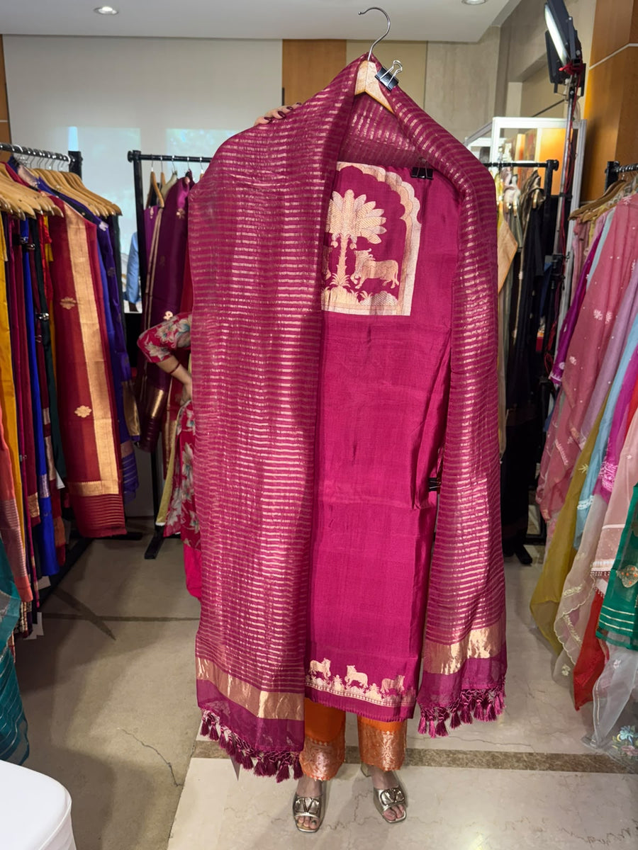 Wine Crepe Silk with Cow Motifs and Stripes