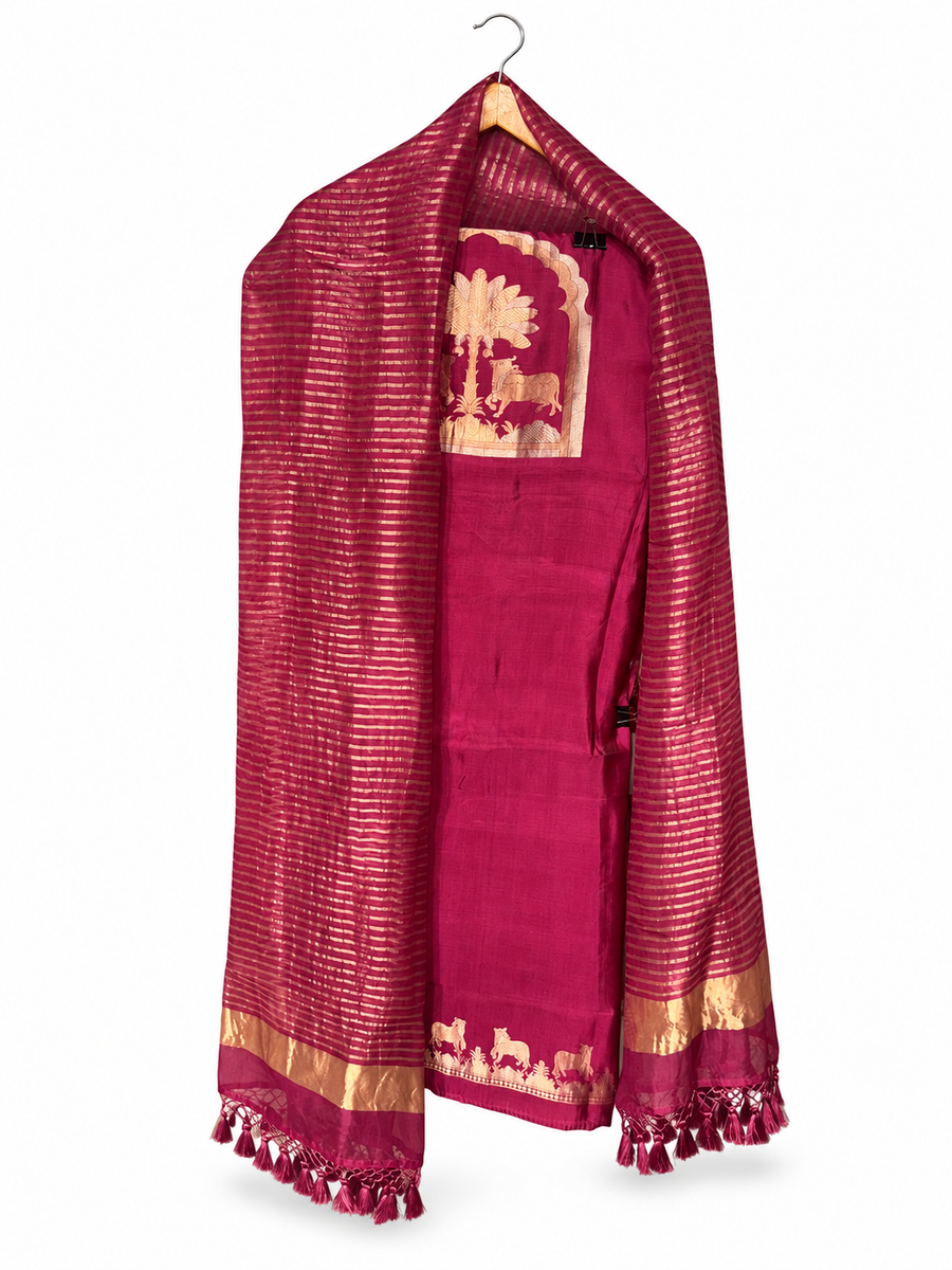 Wine Crepe Silk with Cow Motifs and Stripes