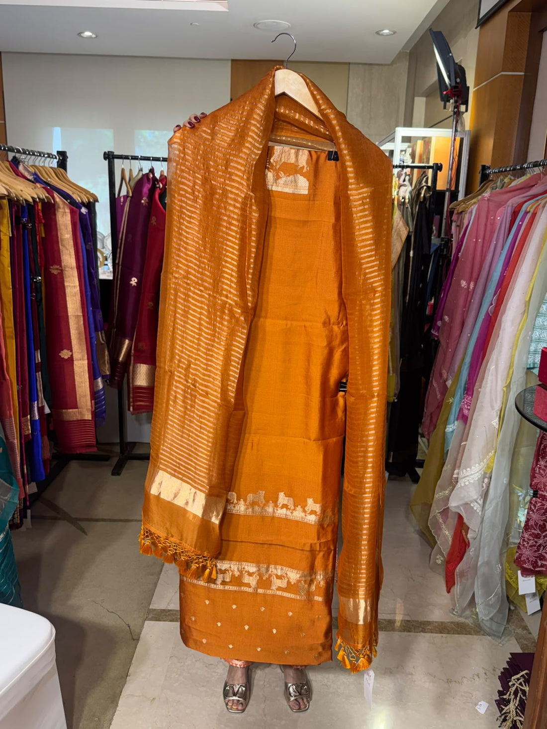 Crepe Silk with Cow Motifs and Striped Dupatta by Aurunii, product AU-SE-025 original product photograph