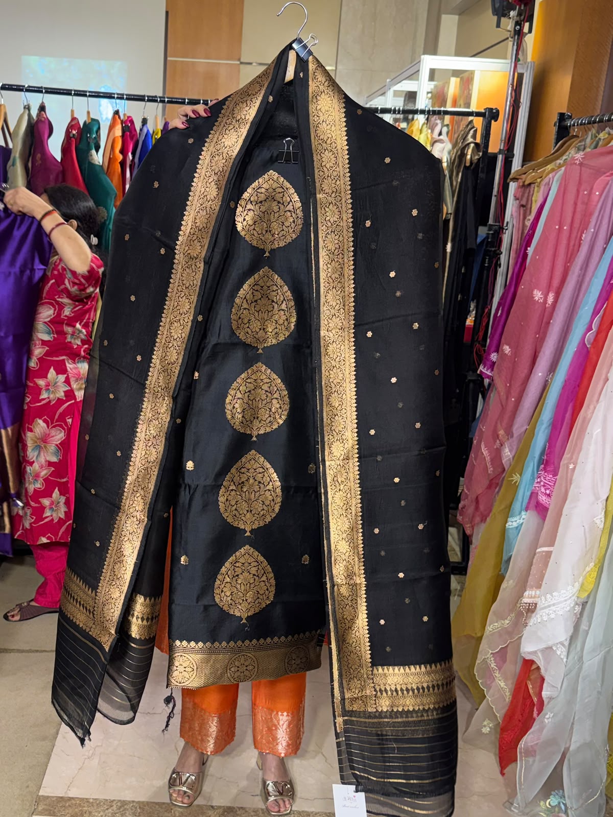 Black Suit with Motifs and Organza Dupatta by Aurunii, product AU-VN-012 original product photograph