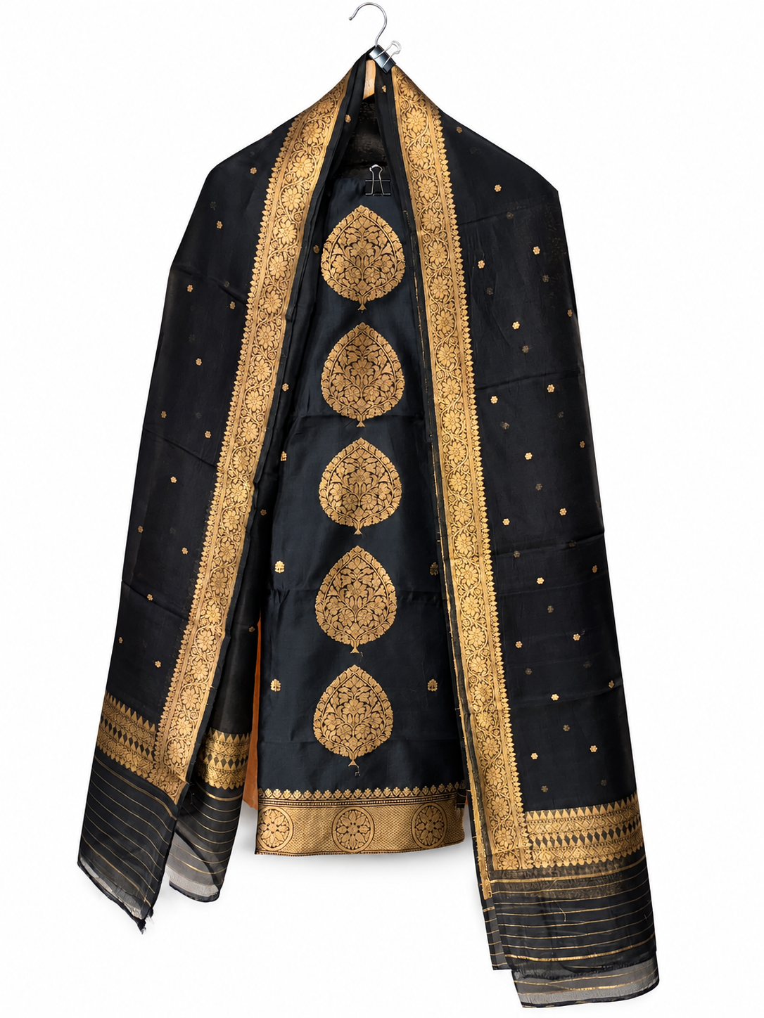 Black Suit with Motifs and Organza Dupatta by Aurunii, product AU-VN-012 on a white background
