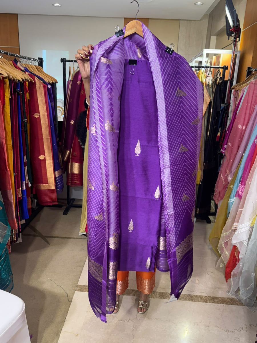 Purple Silk Shibori with Organza Dupatta