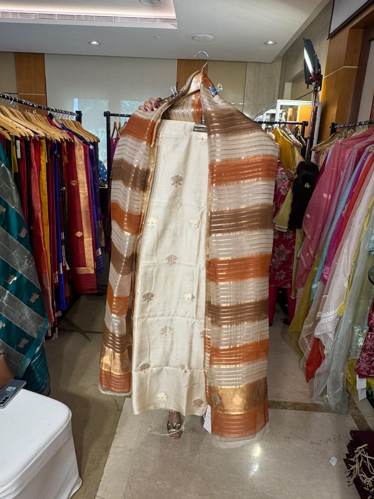 Ivory Pure Silk with Striped Dupatta by Aurunii, product AU-VN-024 original product photograph