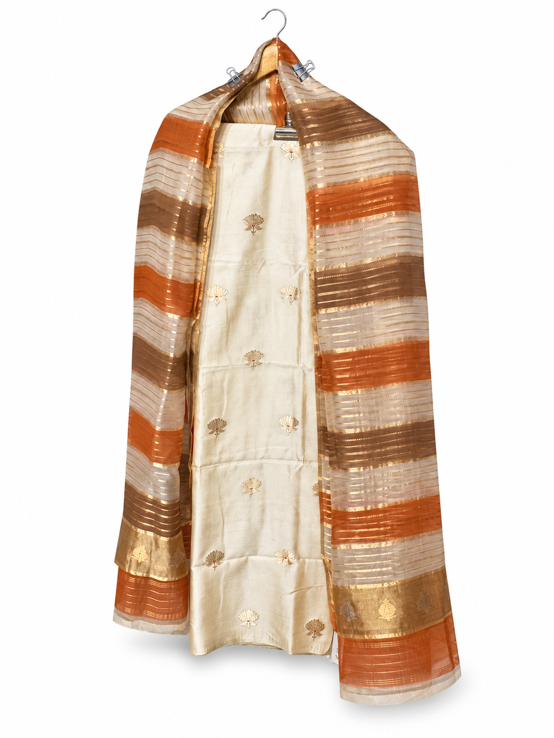 Ivory Pure Silk with Striped Dupatta by Aurunii, product AU-VN-024 on a white background