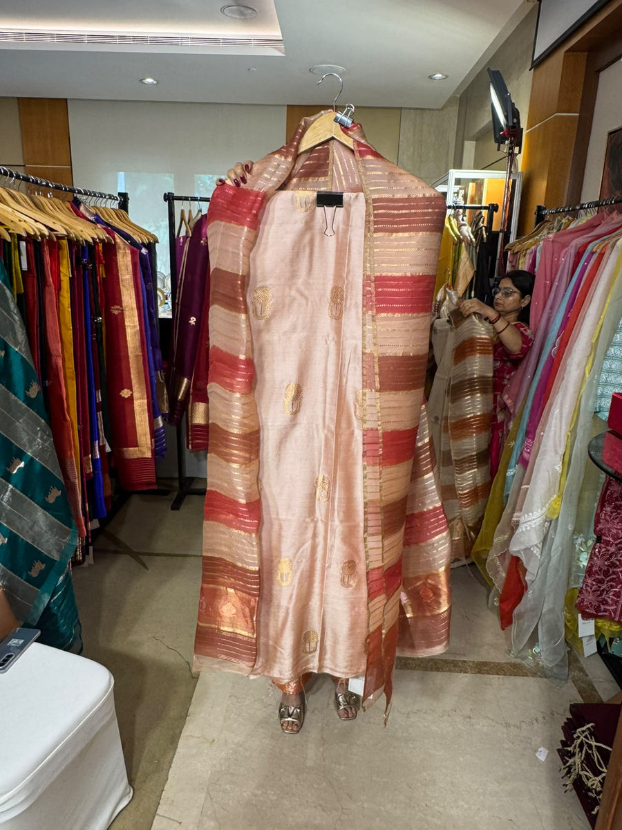 English Pink Pure Silk with Striped Dupatta