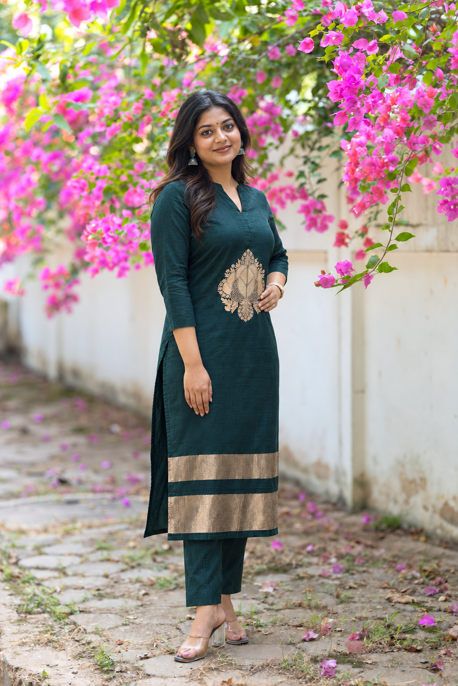 Dark Green Lotus-Motif Co-ord Set