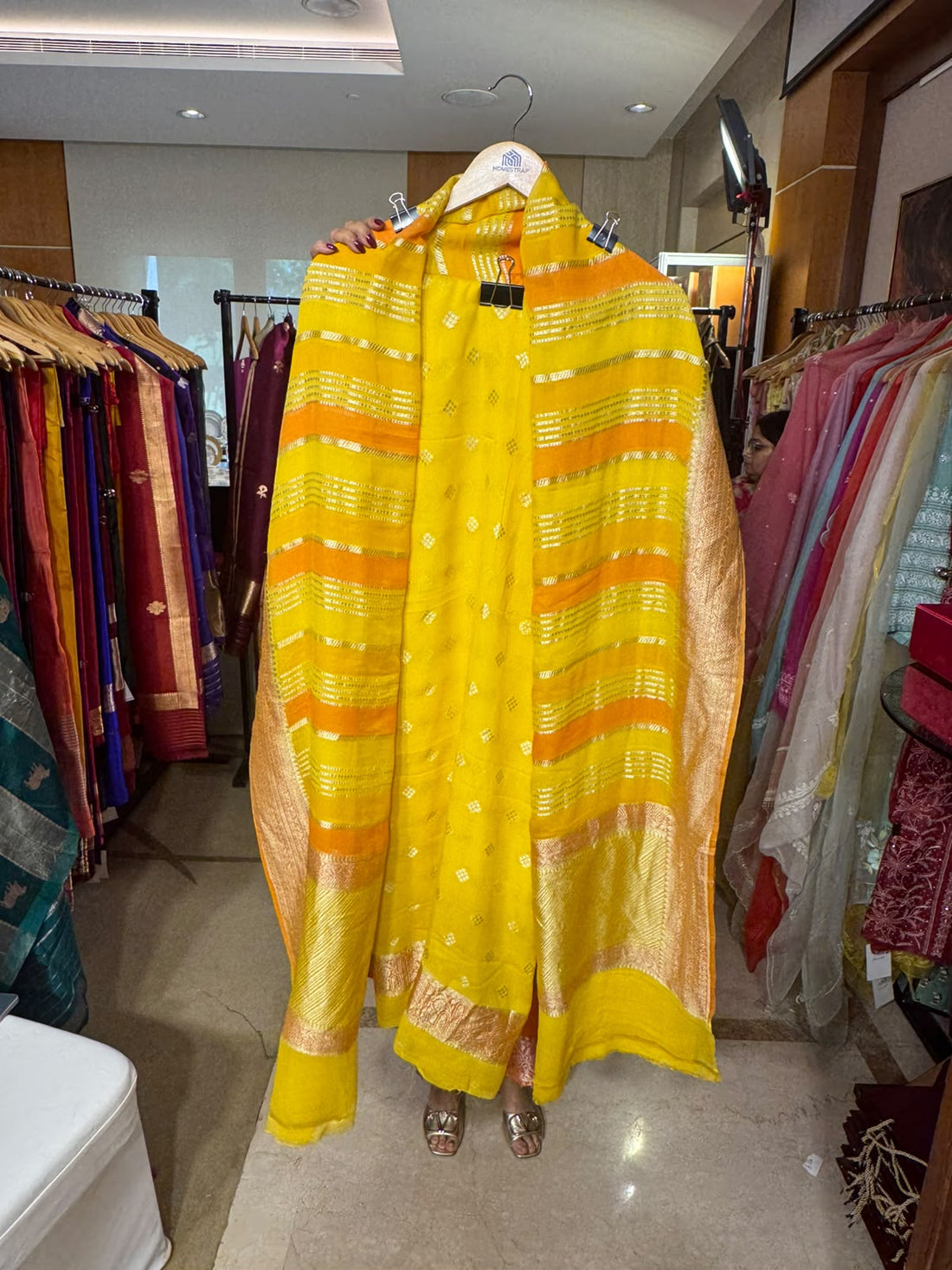 Yellow Georgette with Zari Border and Striped Dupatta by Aurunii, product AU-VT-003 original product photograph