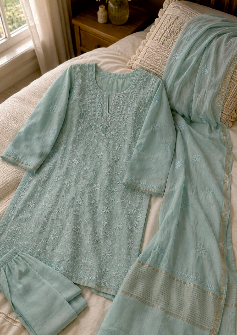 Light Turquoise / Aqua Green Chikankari Suit