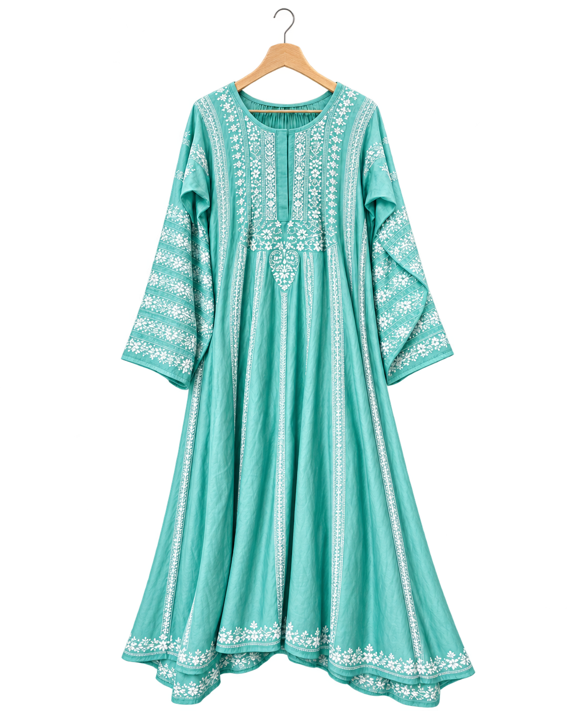 Aqua Green Chanderi Anarkali Chikankari with Striped Dupatta