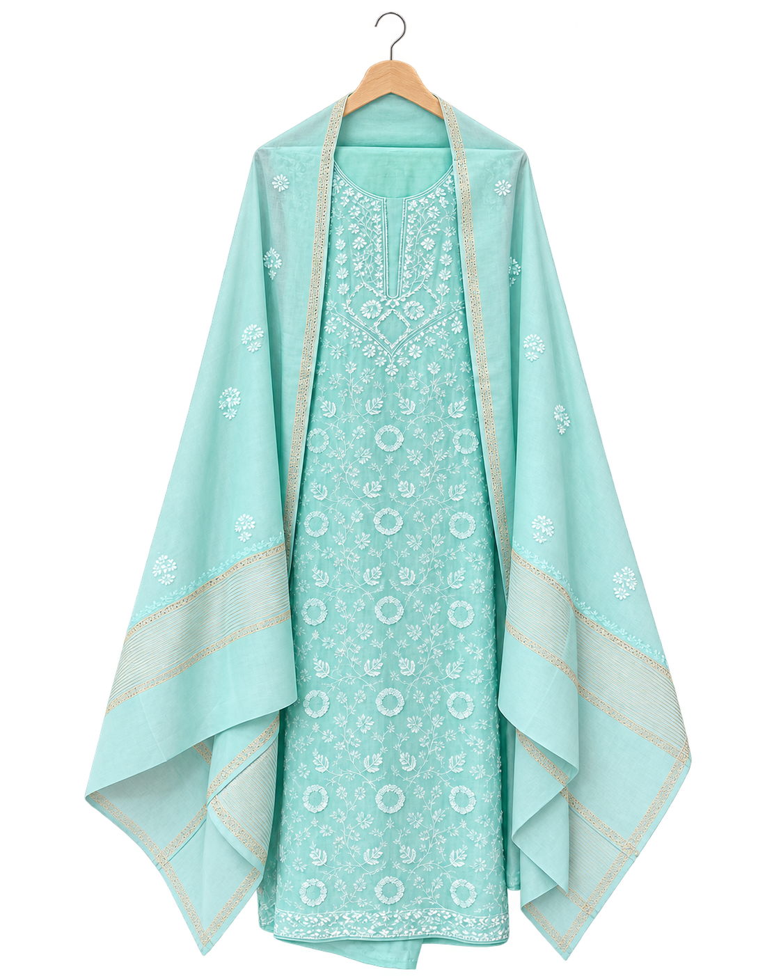 Light Turquoise / Aqua Green Chikankari Suit - Unstitched