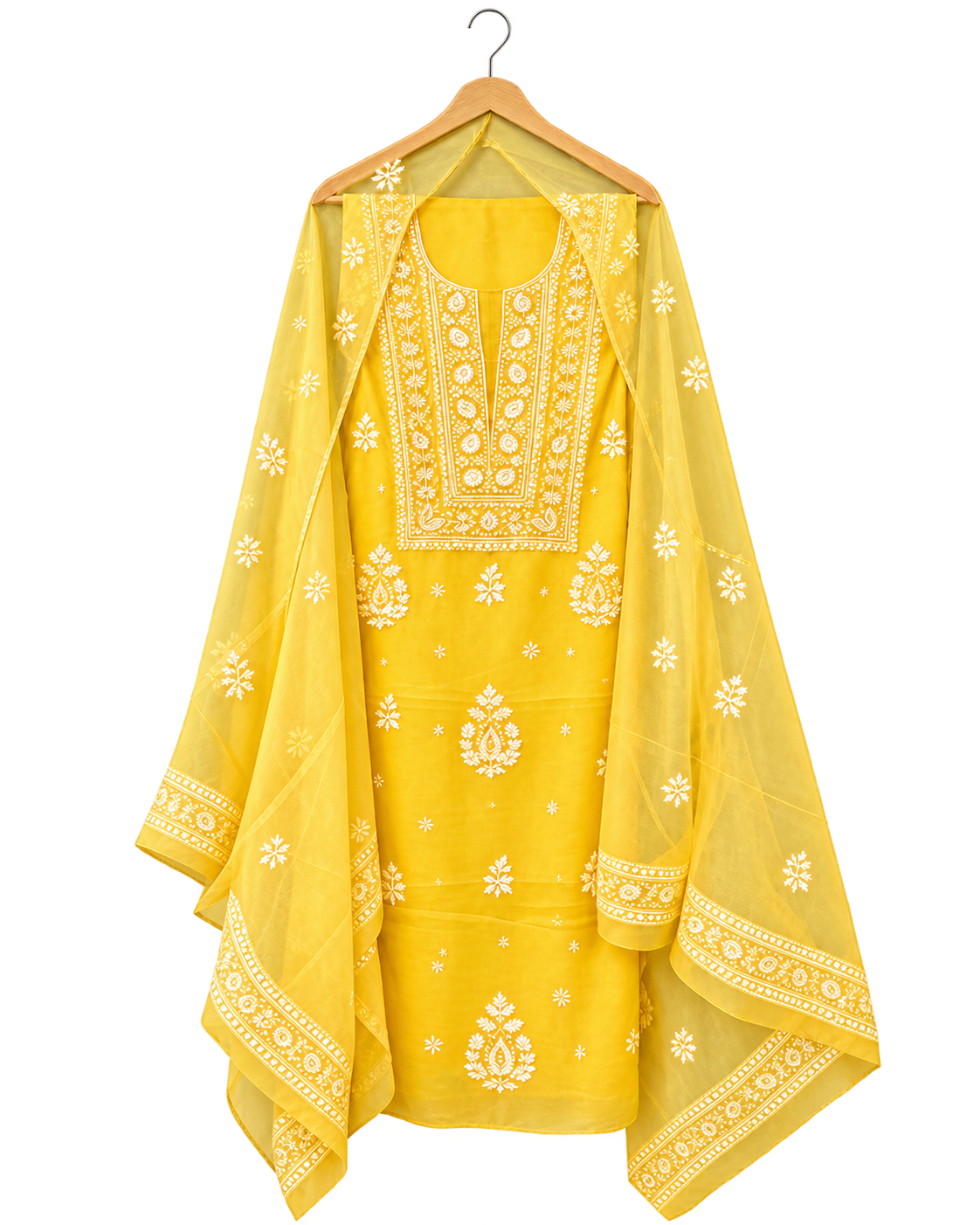 Yellow Chikankari with Floral Embroidery